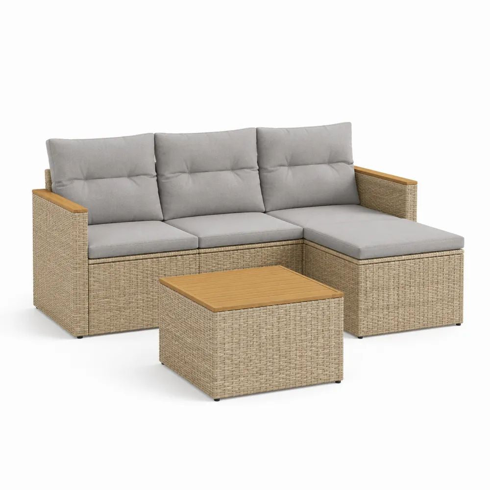 Salon de jardin extérieur 3 places en L avec table basse en résine tressée beige et coussins gris clair, canapé 195 x 130 x 73 cm
