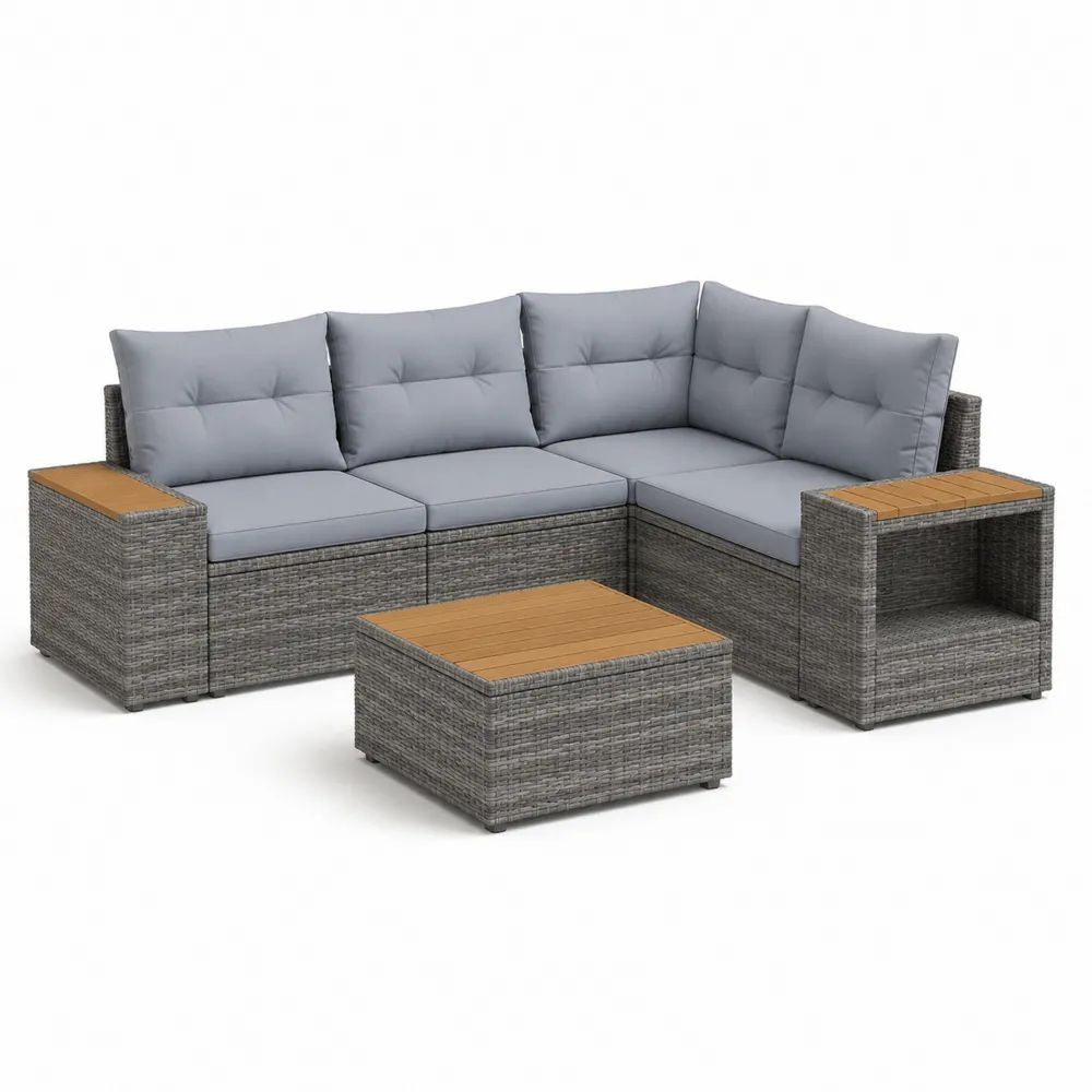 Ensemble salon de jardin d’angle extérieur 4 places en résine tressée grise avec coussins gris clair, table basse et plateaux marron, 260 x 195 x 85 cm
