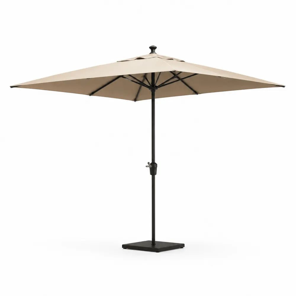Parasol de jardin droit carré en polyester et acier beige et noir 300 × 300 × 250 cm avec manivelle et pied lesté