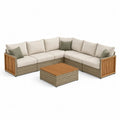 Salon de jardin extérieur 7 éléments avec canapé d’angle modulable 6 places en résine tressée et bois, beige et grège, 260 × 260 × 75 cm, table basse 75 × 75 × 34 cm