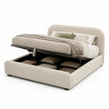 Lit coffre double 160 × 200 cm beige avec sommier relevable, revêtement en tissu bouclé et structure en bois et métal