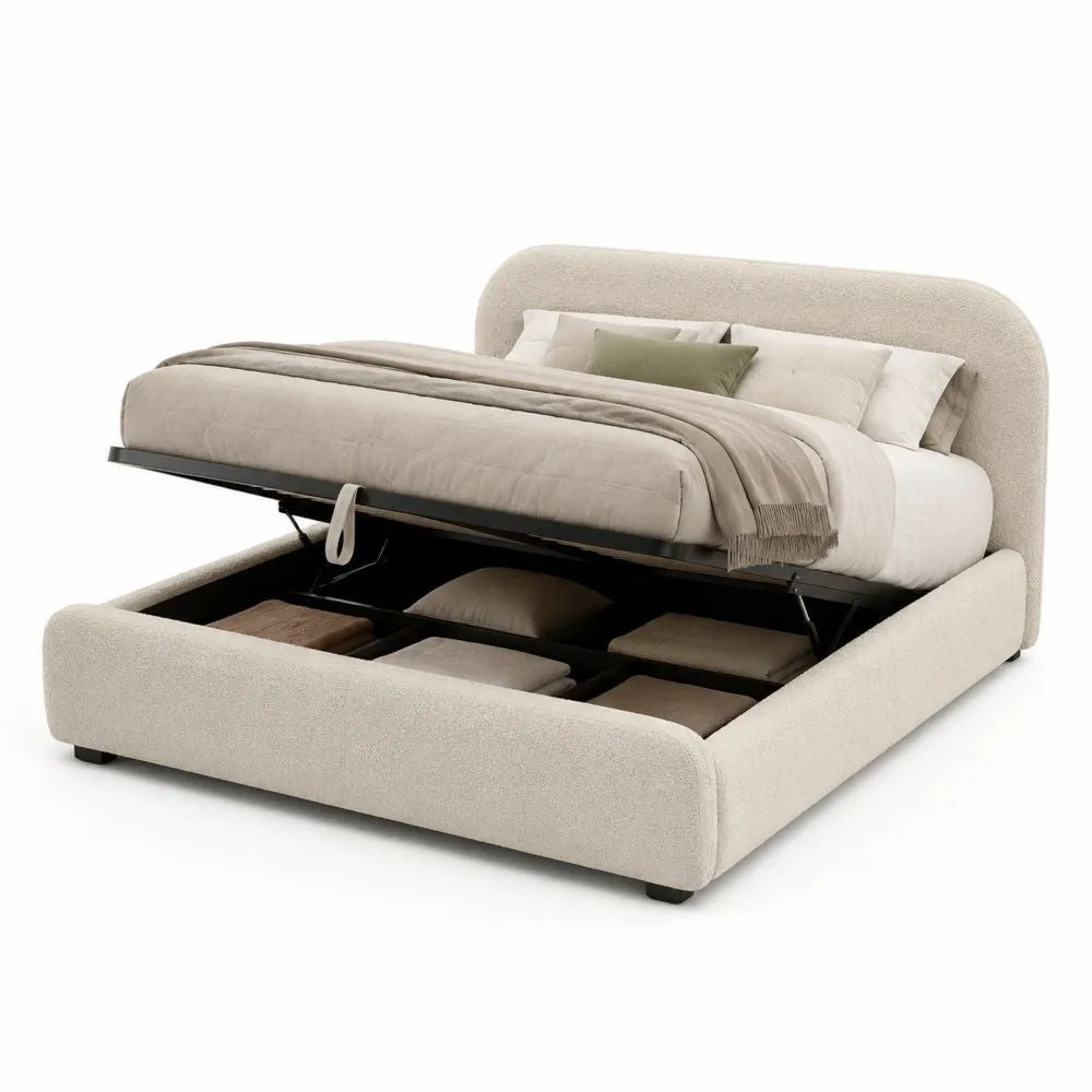 Lit coffre double 160 × 200 cm beige avec sommier relevable, revêtement en tissu bouclé et structure en bois et métal