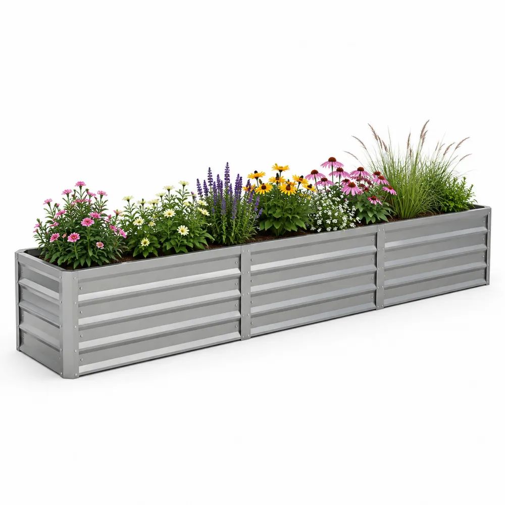 Jardinière surélevée rectangulaire en acier galvanisé gris 240 × 80 × 45 cm