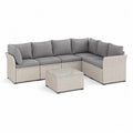 Salon de jardin modulable 6 pièces, canapé d’angle 5 places en résine tressée beige avec coussins gris et table basse, 250 × 190 × 65 cm