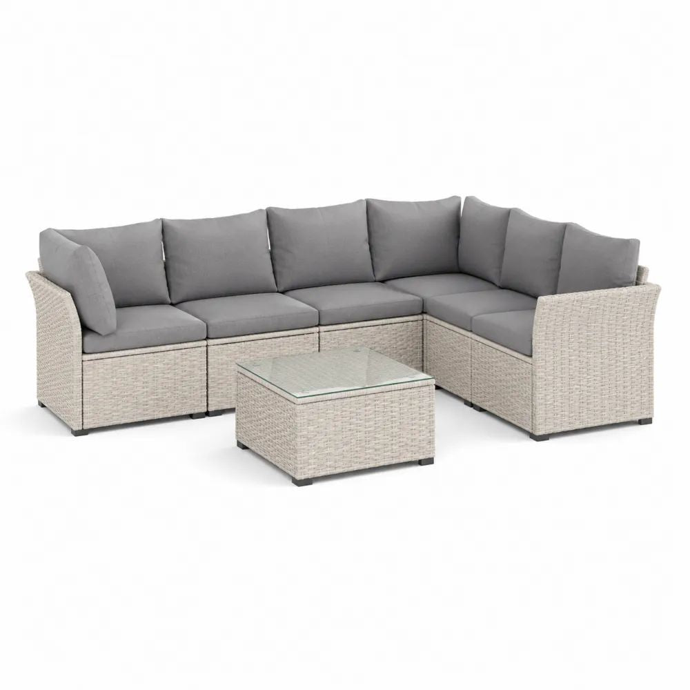 Salon de jardin modulable 6 pièces, canapé d’angle 5 places en résine tressée beige avec coussins gris et table basse, 250 × 190 × 65 cm