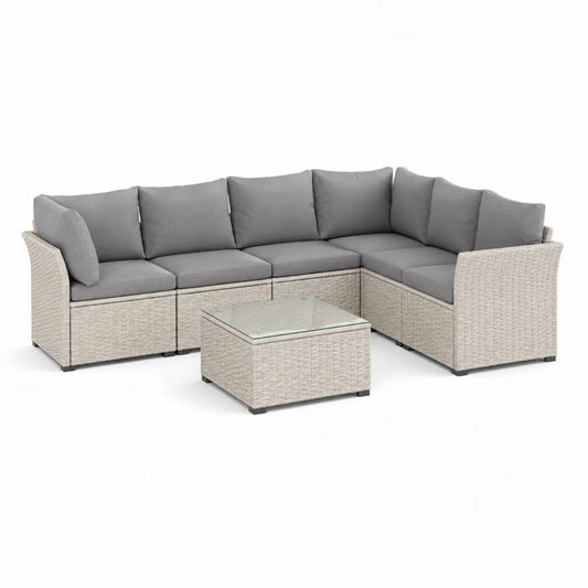 Salon de jardin modulable 6 pièces, canapé d’angle 5 places en résine tressée beige avec coussins gris et table basse, 250 × 190 × 65 cm