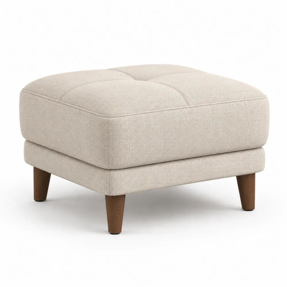 Repose-pieds carré rembourré en tissu beige clair avec pieds en bois brun, 60 × 60 × 44 cm