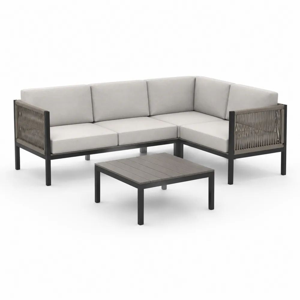 Ensemble salon de jardin d’angle extérieur 4 places avec table basse, aluminium et corde, gris clair, canapé 200 x 200 x 74 cm, table 70 x 70 x 35 cm