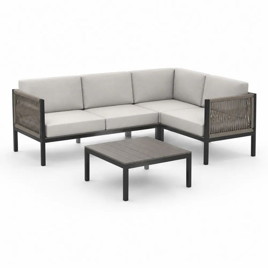 Ensemble salon de jardin d’angle extérieur 4 places avec table basse, aluminium et corde, gris clair, canapé 200 x 200 x 74 cm, table 70 x 70 x 35 cm
