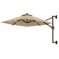 Parasol mural déporté octogonal avec 28 LED solaires, Ø 300 × H 131 cm, toile en polyester beige taupe et structure en acier brun foncé