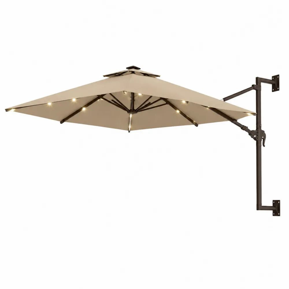 Parasol mural déporté octogonal avec 28 LED solaires, Ø 300 × H 131 cm, toile en polyester beige taupe et structure en acier brun foncé