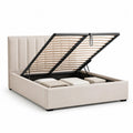 Lit coffre double 160 × 200 cm en tissu beige avec sommier à lattes relevable et tête de lit rembourrée