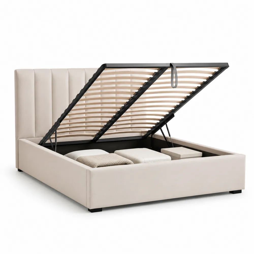 Lit coffre double 160 × 200 cm en tissu beige avec sommier à lattes relevable et tête de lit rembourrée