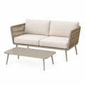Salon de jardin extérieur 2 pièces en acier et corde beige taupe avec coussins écrus, canapé 2 places 143 × 75 × 75 cm et table basse 100 × 55 × 38 cm