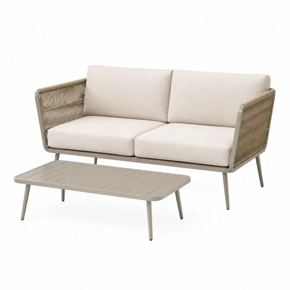 Salon de jardin extérieur 2 pièces en acier et corde beige taupe avec coussins écrus, canapé 2 places 143 × 75 × 75 cm et table basse 100 × 55 × 38 cm